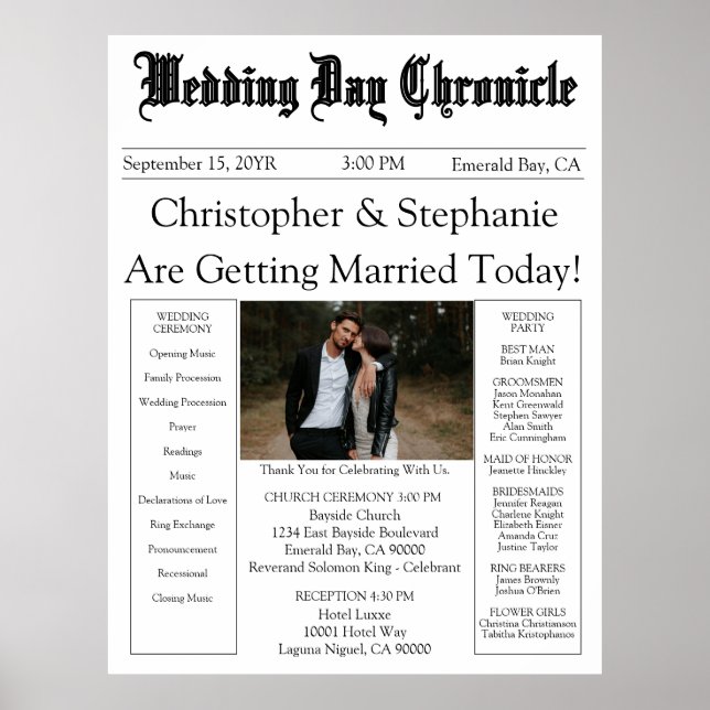 Poster 1 Photo QR Code Elegant Newspaper Wedding Program (Frente)