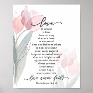 Poster 1Corinthians 13:4-8 O amor é Tulipas Rosa Pacient