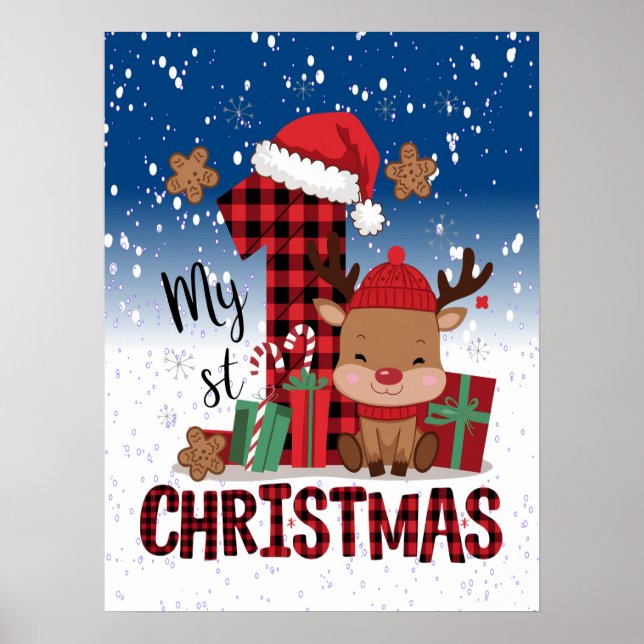 Poster 1rua de Natal Santa Hat White Snow Reindeer (Frente)