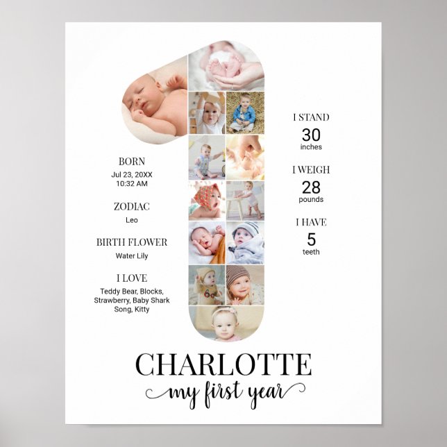 Poster 1st Birthday Number 1 Milestone Baby Photo Collage (Frente)