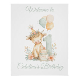 Pôster 1st Birthday Poster Sign Highland Cow