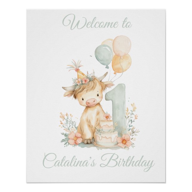 Pôster 1st Birthday Poster Sign Highland Cow (Frente)