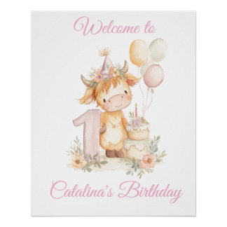 Pôster 1st Birthday Poster Sign Highland Cow