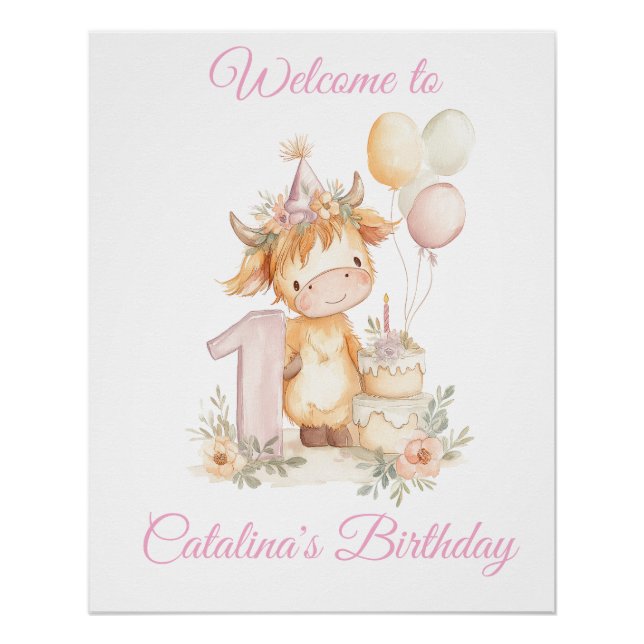 Pôster 1st Birthday Poster Sign Highland Cow (Frente)