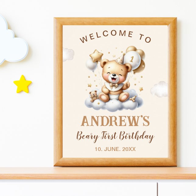 Poster 1st Birthday Teddy Bear Birthday Boy (Criador carregado)