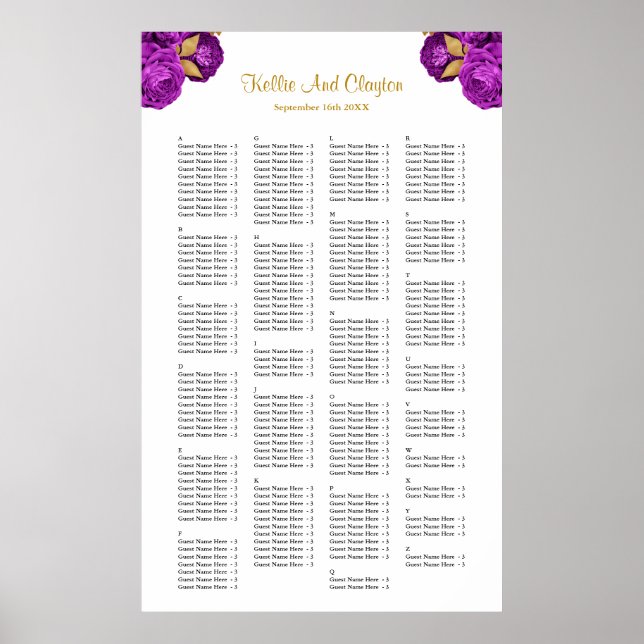 Poster 200 Purple And Gold Floral Wedding Seating Chart (Frente)