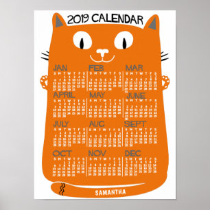 Poster 2019 Ano Calendário Mensal Médio-Século Laranja