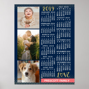Poster 2019 Calendar Navy Coral Gold Family Photo Collage