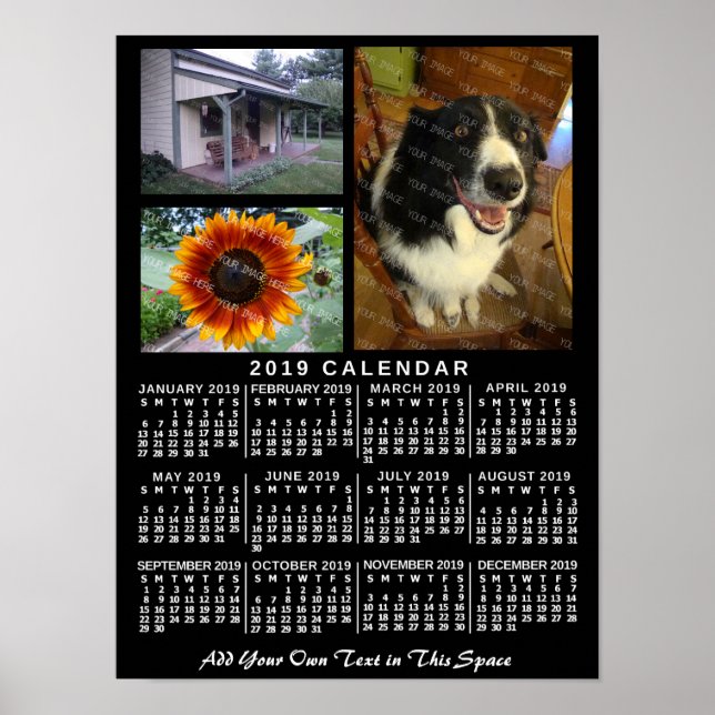 Poster 2019 Year Monthly Calendar Black Custom 3 Photos (Frente)