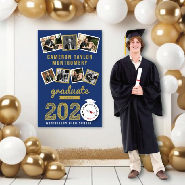 Poster 2023 Gold Sketch Grad 7 Photo Collage Graduation (20YY Navy Blue And Gold Sketch 7 Photo Modern Graduation Party Poster @ www.zazzle.com/color_therapy)