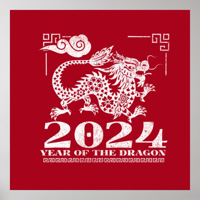 Poster 2024 Ano Zodíaco Vermelho Chinês do Dragão (Frente)