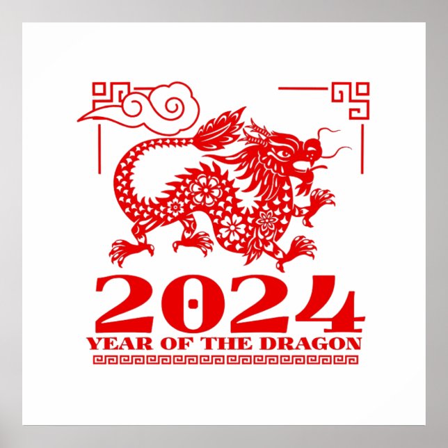 Poster 2024 Ano Zodíaco Vermelho Chinês do Dragão Trabalh (Frente)