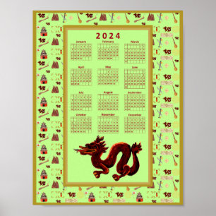 Poster 2024 Calendário Ano do Dragão Música Sorte