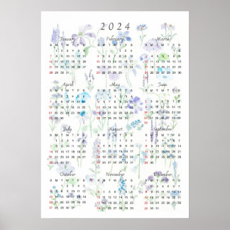 Poster 2024 calender watercolor roxo e azul foral