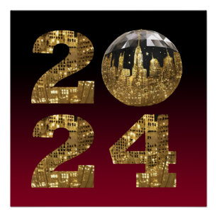 Pôster 2024 Novo Ano-Ball-NYC Dourado e Vermelho