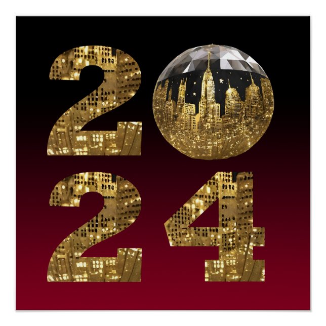 Pôster 2024 Novo Ano-Ball-NYC Dourado e Vermelho (Frente)