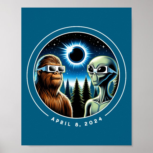 Poster 2024 Total Solar Eclipse Funny Bigfoot Alien April (Frente)