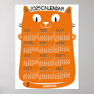 Poster 2025 Ano Calendário Mensal, Médio-Século Laranja G