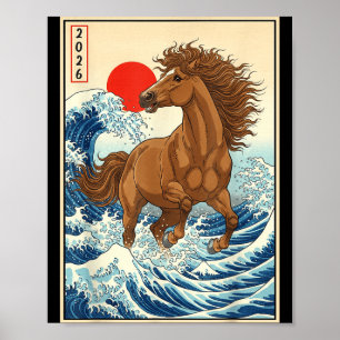 Poster 2026 Ano Do Cavalo Arte De Onda Japonesa Ano Novo