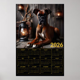 Poster 2026 Boxer Dog Calendar – Rustic Cabin Portrait