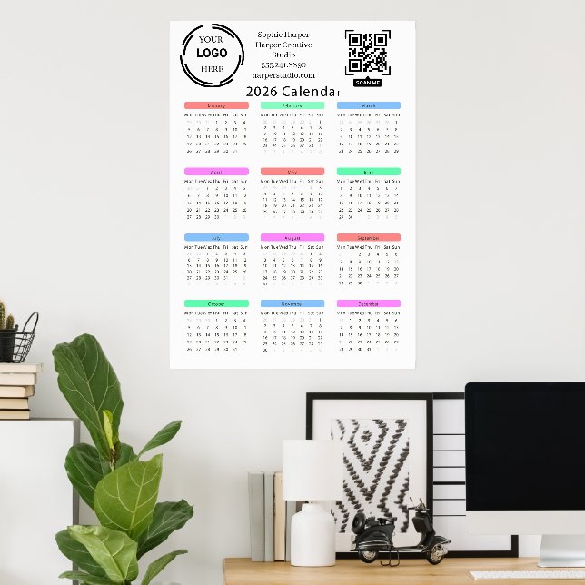 Poster 2026 Business Your Logo QR Calendar Colorful Moder (Escritório em casa)