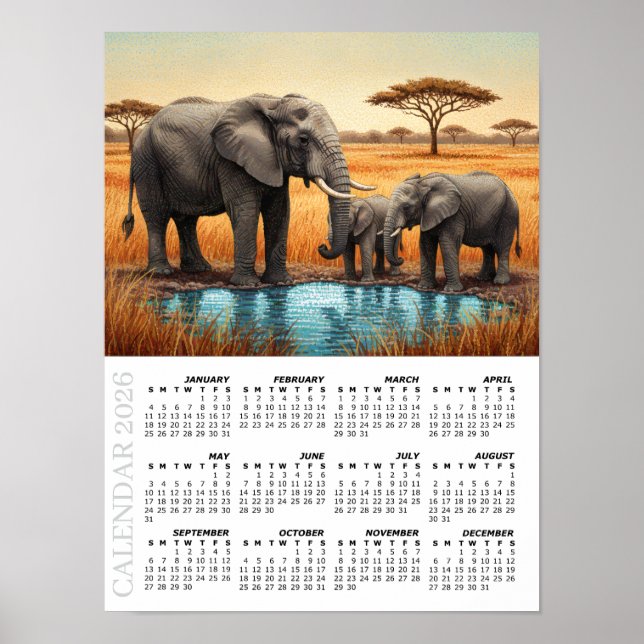Poster 2026 Calendar, African Elephans, Safari, Africa (Frente)