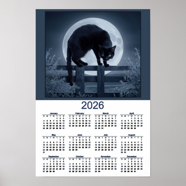 Poster 2026 Calendar Black Cat on a Fence with Full Moon (Frente)