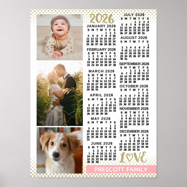 Poster 2026 Calendar Blush Pink Gold Family Photo Collage (Frente)