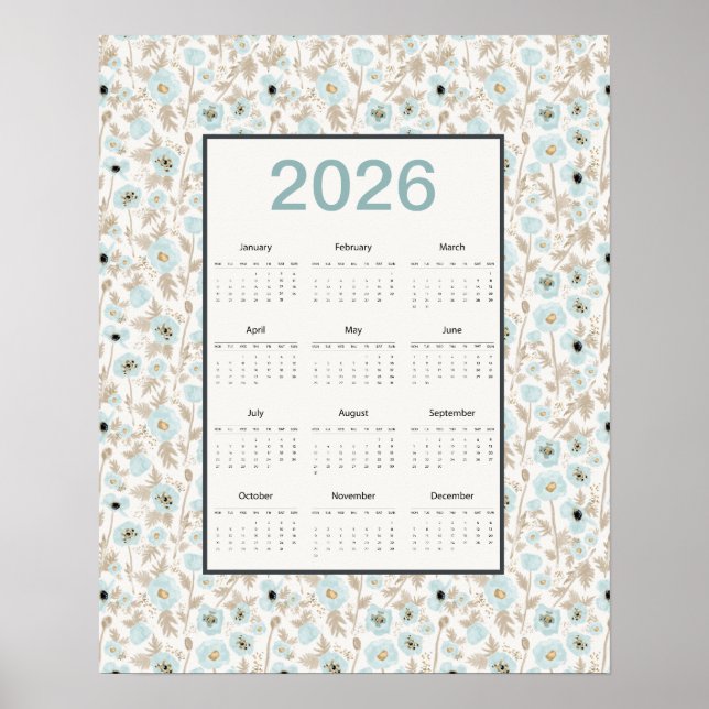 Poster 2026 Calendar Full Year Blue Cream Poppies (Frente)