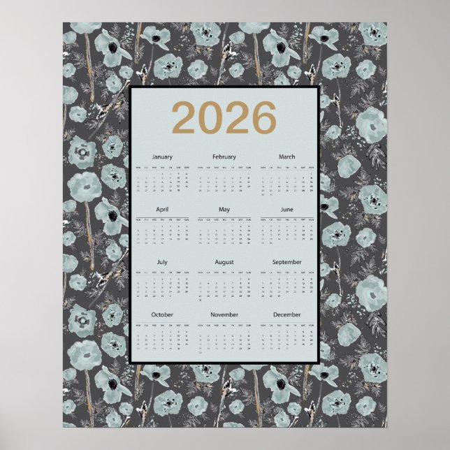Poster 2026 Calendar Full Year Blue Gray Poppies (Frente)