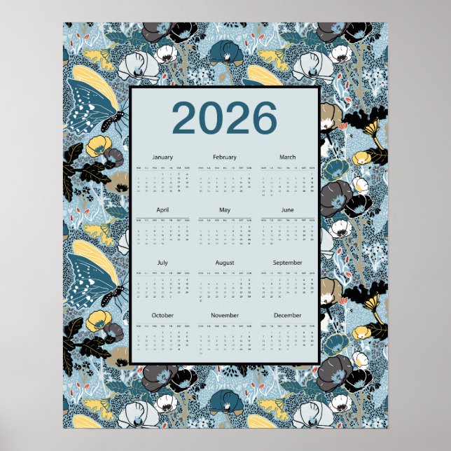 Poster 2026 Calendar Full Year Floral Butterflies (Frente)