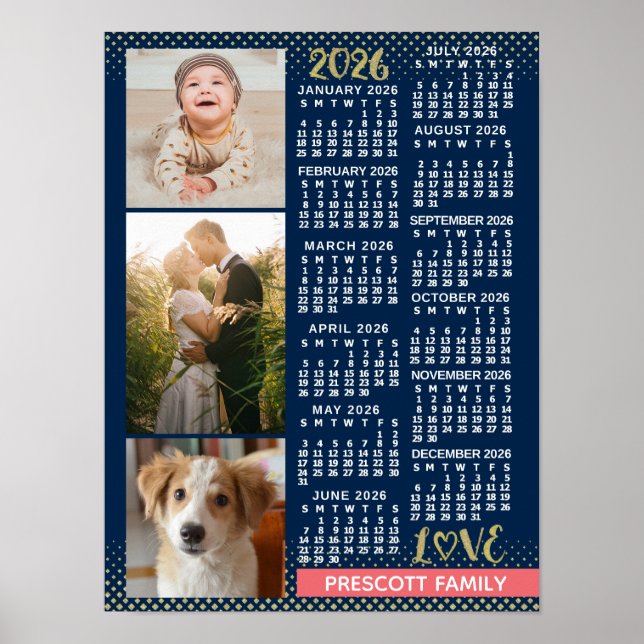 Poster 2026 Calendar Navy Coral Gold Family Photo Collage (Frente)