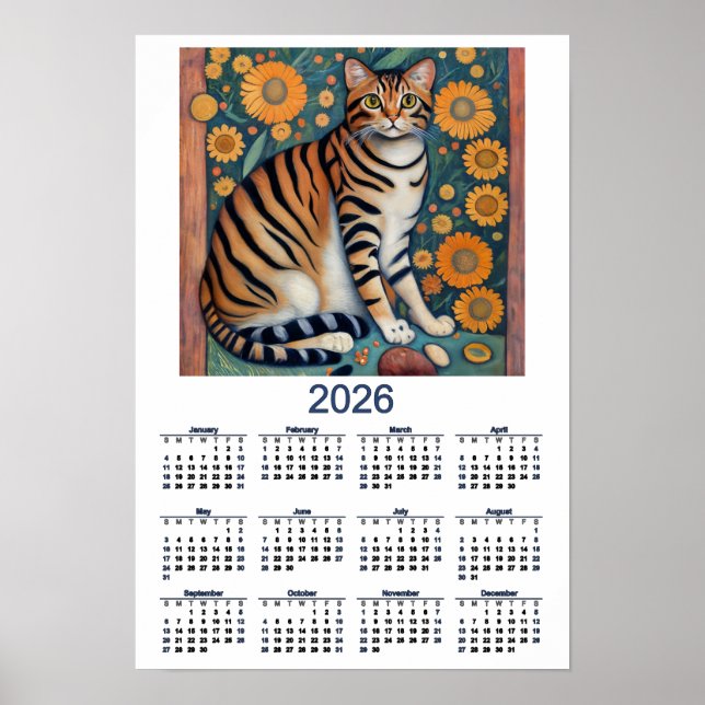 Poster 2026 Calendar with Tabby Cat Folk Art (Frente)