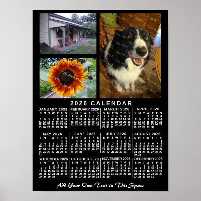 Poster 2026 Calendar Year Black Custom 3 Photos Monthly (Frente)