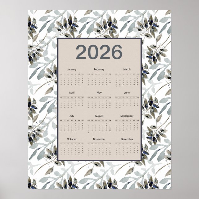 Poster 2026 Full Year Calendar Leaves Botanical (Frente)