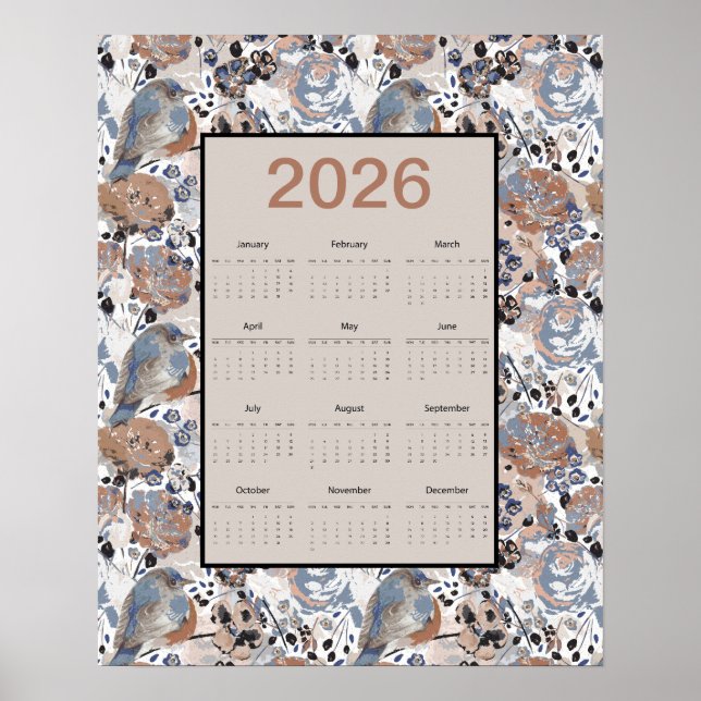 Poster 2026 Full Year Floral Bluebird Calendar (Frente)