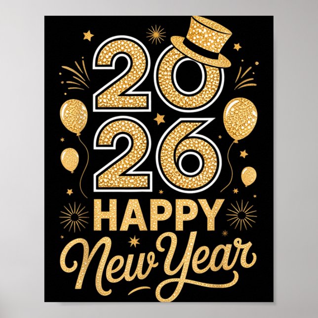 Poster 2026 Happy New Year Festive Top Hat Balloon Firewo (Frente)