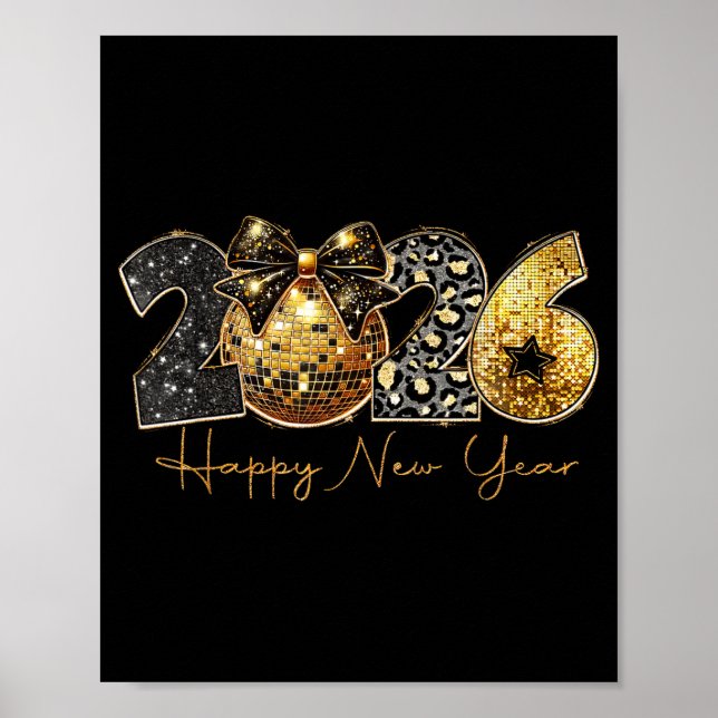 Poster 2026 Happy New Year Gold Disco Leopard Bow Coquett (Frente)