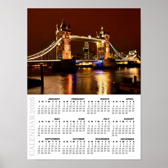 Poster 2026 London Calendar, Tower Bridge at Night / UK (Frente)