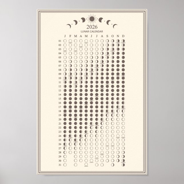 Poster 2026 Moon Phase Lunar Cycles Calendar Minimalist (Frente)