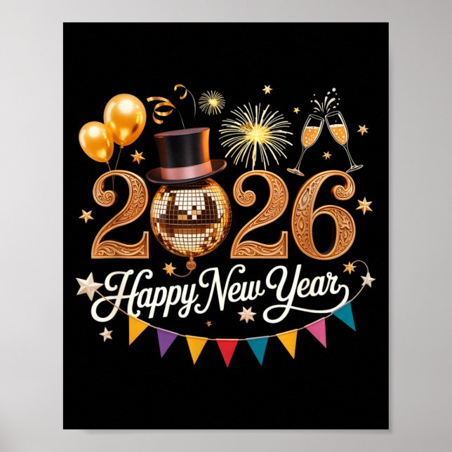 Poster 2026 New Year Celebration Disco Ball Gold Festivit (Frente)