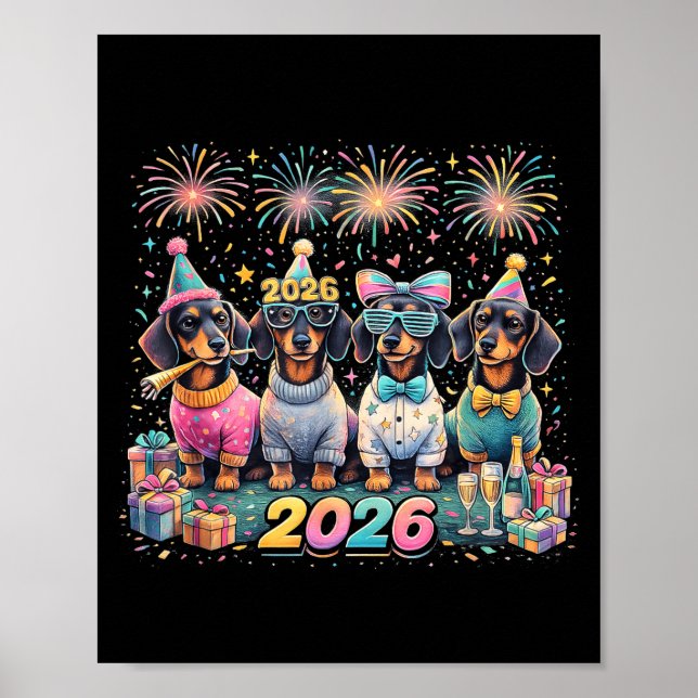 Poster 2026 New Year Dachshund Party Fireworks Fun  (Frente)