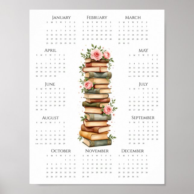 Poster 2026 One-Page Calendar Vintage Books & Pink Roses (Frente)