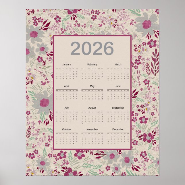 Poster 2026 Pink Gray Floral Pattern Calendar (Frente)