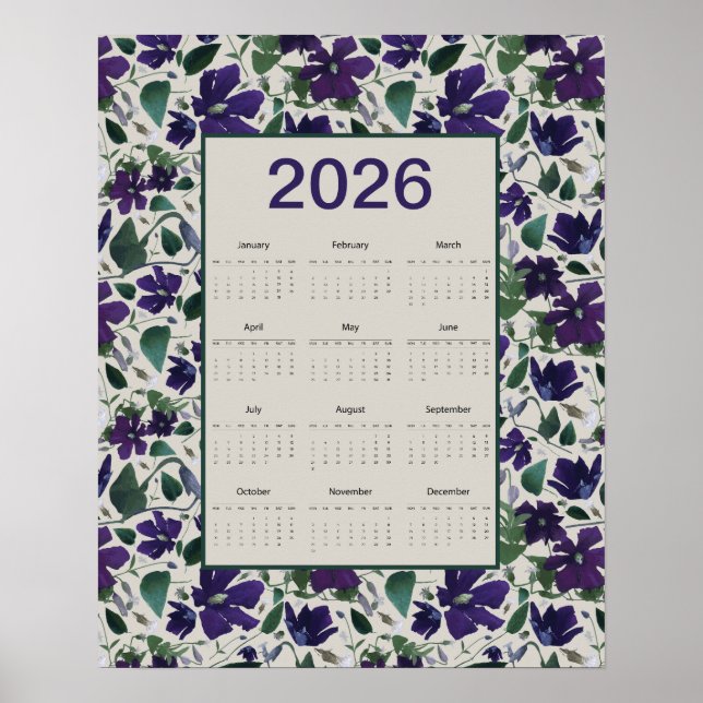Poster 2026 Purple Clematis Flowers Wall Calendar (Frente)