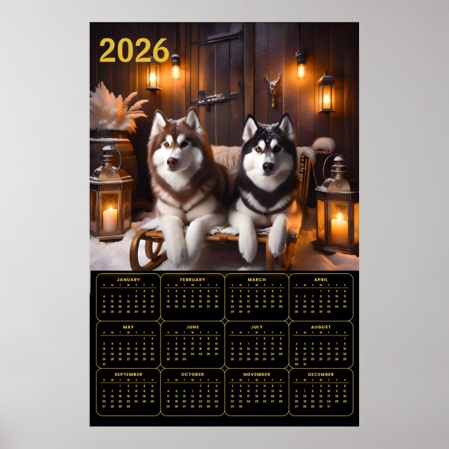 Poster 2026 Siberian Huskies on Sled Calendar (Frente)