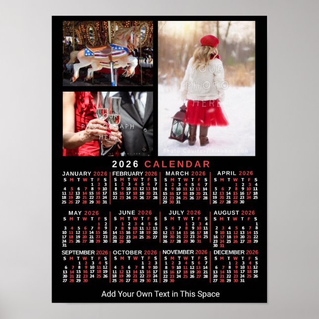 Poster 2026 Year Monthly Calendar Black Custom 3 Photos (Frente)
