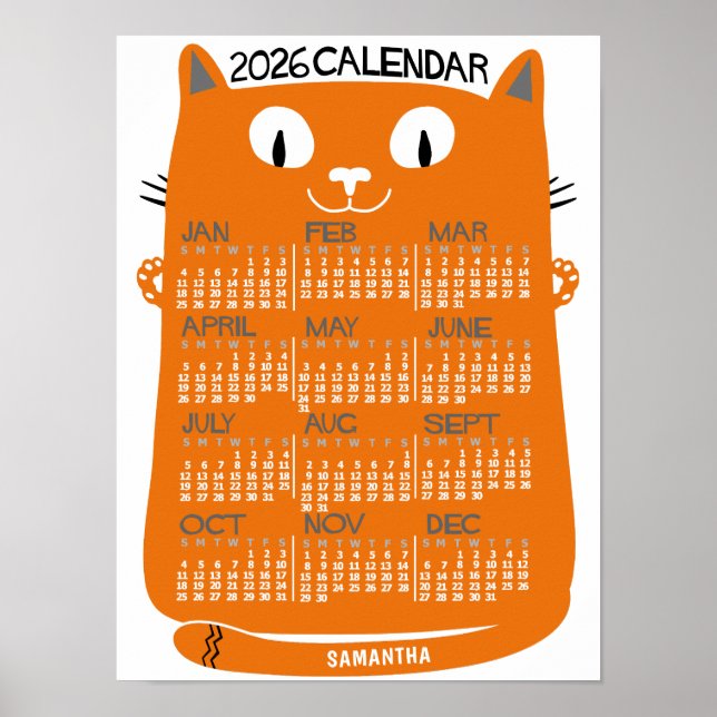 Poster 2026 Year Monthly Calendar Mid-Century Orange Cat (Frente)