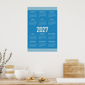 Poster 2027 Calendar, Greek Fret, Cosmic Latte on Blue