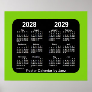 Poster 2028-2029 calendário de néon verde-amarelo da
